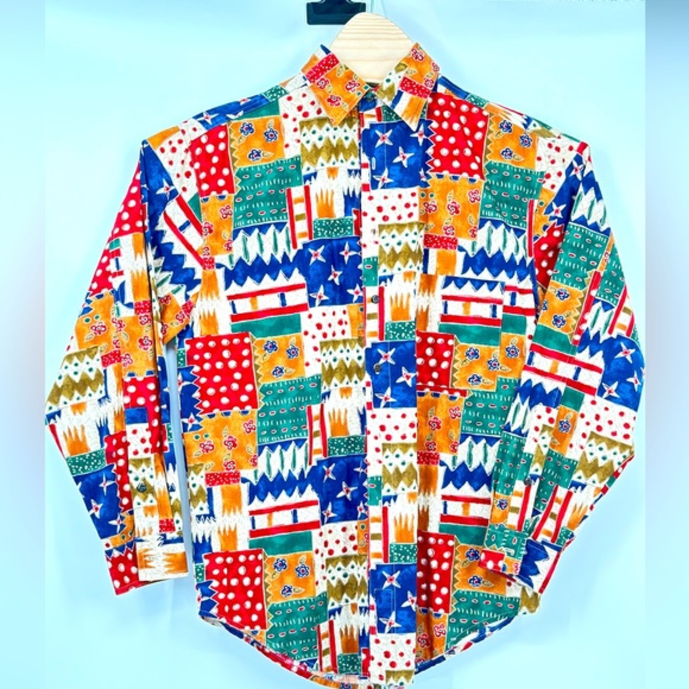 Vintage Territory Ahead Patchwork Colorful Print Cotton Button Down Shirt M/L
